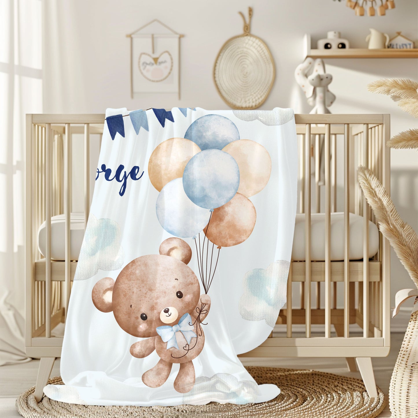 Personalized Velveteen Plush Blanket with Teddy Bear Design, Cozy Baby Gift, Nursery Decor, Baby Shower Blanket, Soft Baby Blanket