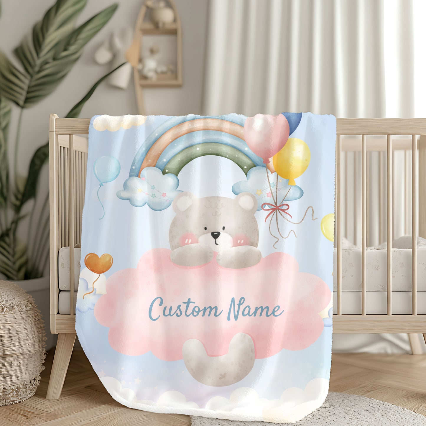 Custom Plush Blanket with Rainbow Bear Design, Soft Throw Blanket, Cozy Baby Blanket, Personalized Gift, Cute Nursery Decor