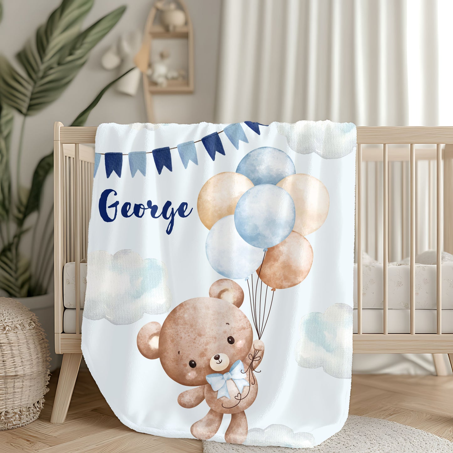 Personalized Velveteen Plush Blanket with Teddy Bear Design, Cozy Baby Gift, Nursery Decor, Baby Shower Blanket, Soft Baby Blanket