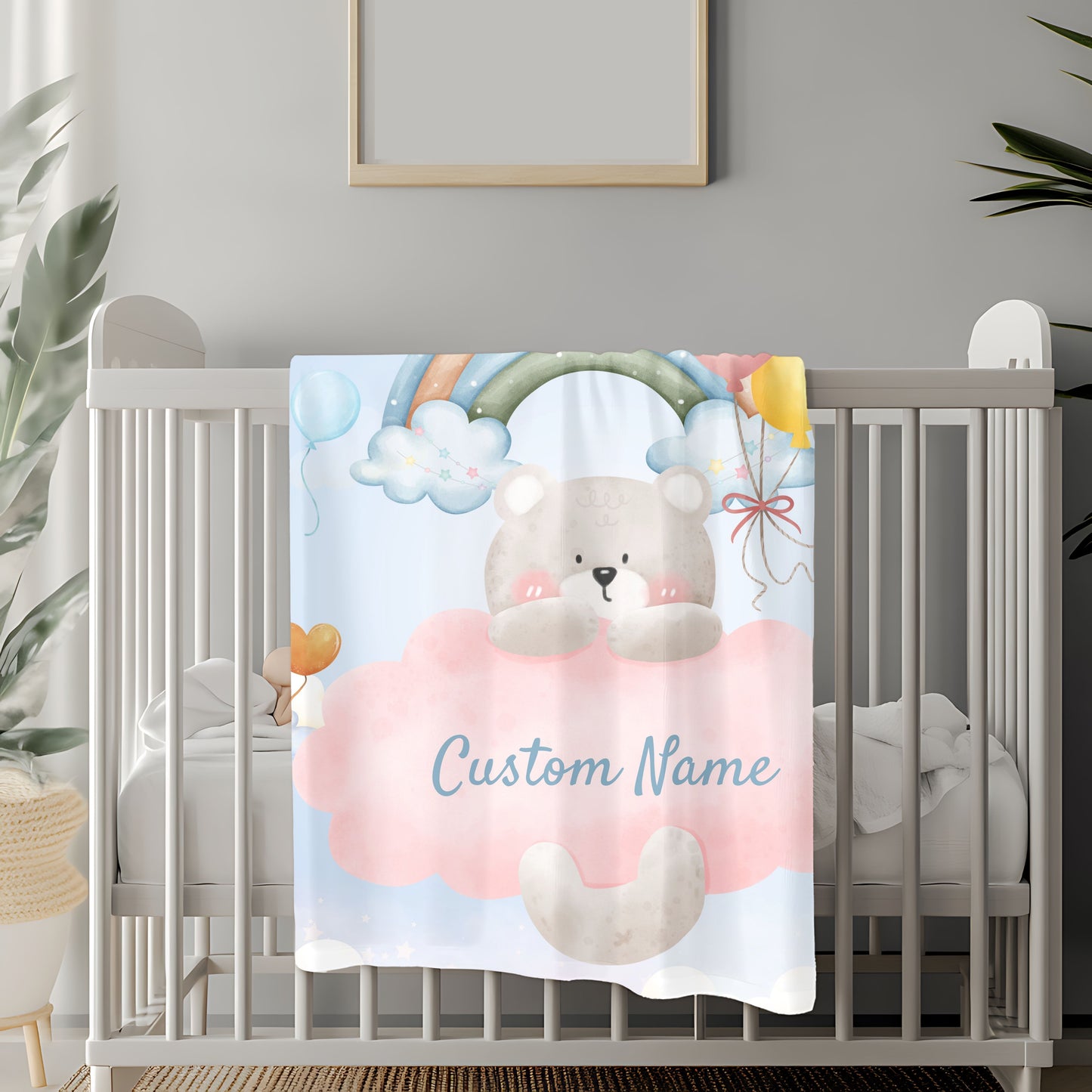 Custom Plush Blanket with Rainbow Bear Design, Soft Throw Blanket, Cozy Baby Blanket, Personalized Gift, Cute Nursery Decor