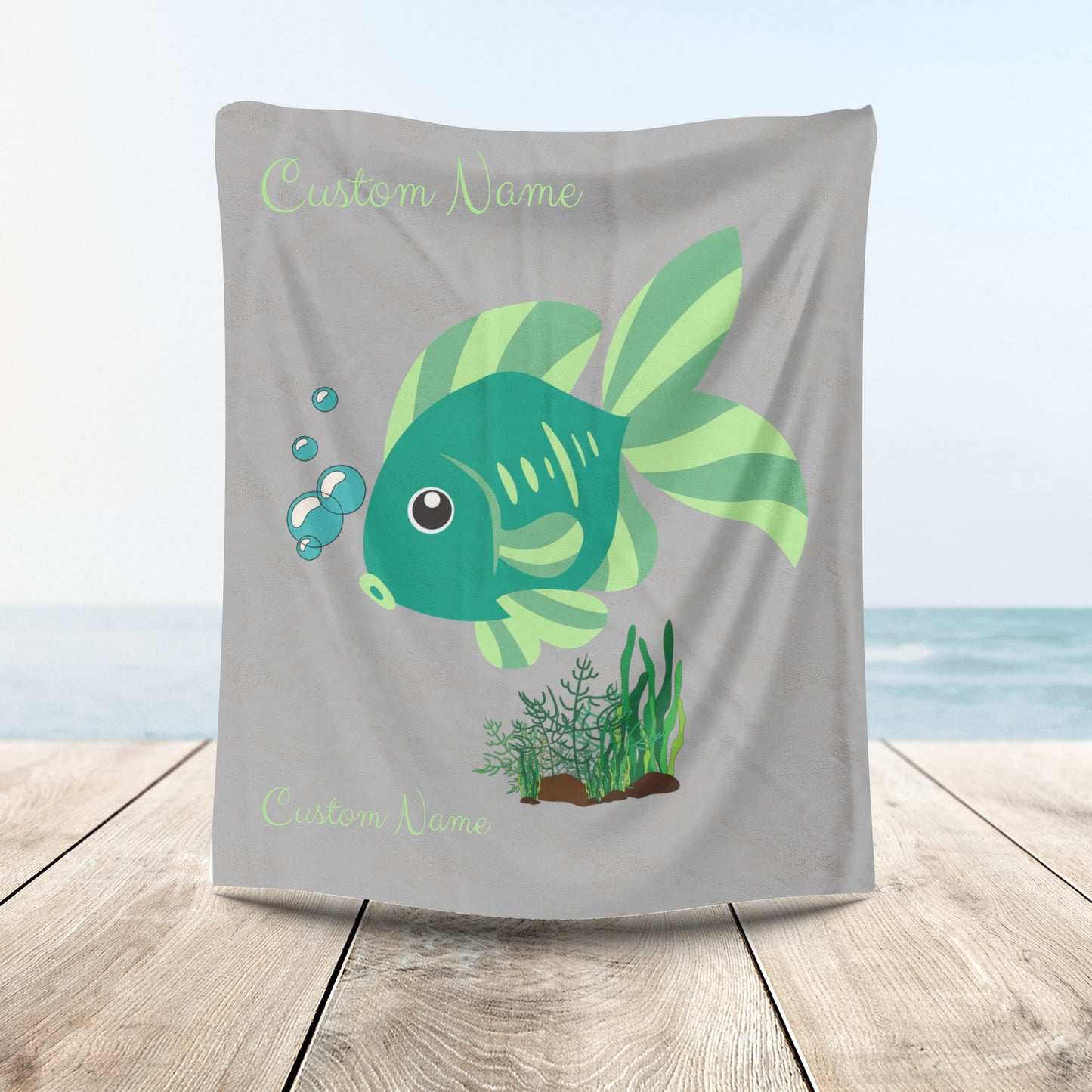 Green fish with bubbles and aquatic plants Velveteen Plush Blanket