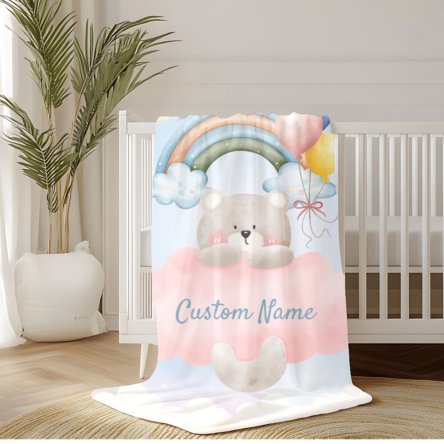Custom Plush Blanket with Rainbow Bear Design, Soft Throw Blanket, Cozy Baby Blanket, Personalized Gift, Cute Nursery Decor