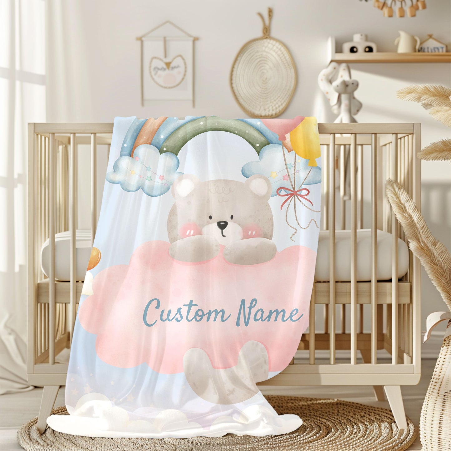 Custom Plush Blanket with Rainbow Bear Design, Soft Throw Blanket, Cozy Baby Blanket, Personalized Gift, Cute Nursery Decor
