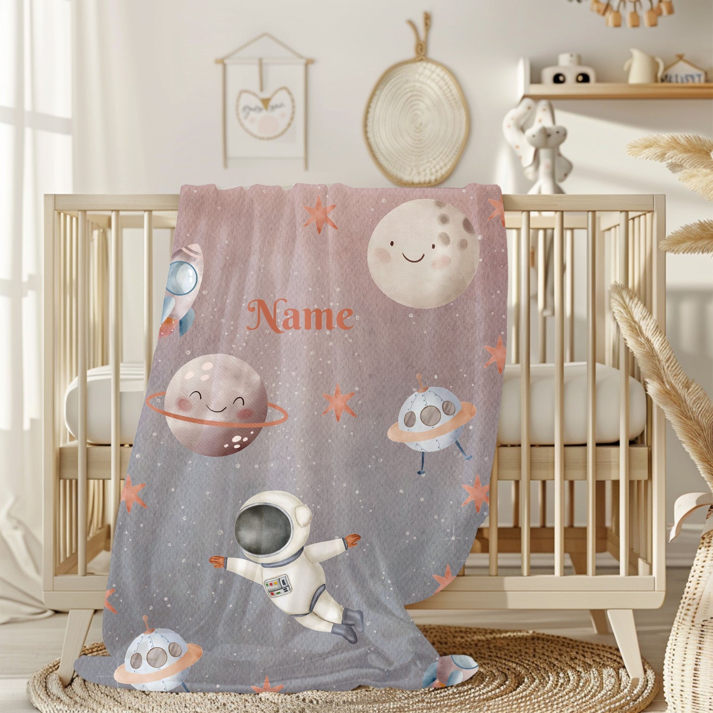 Personalized Space-Themed Velveteen Plush Blanket, Cozy Kids Blanket, Astronaut Decor, Custom Baby Shower Gift, Soft Throw Blanket