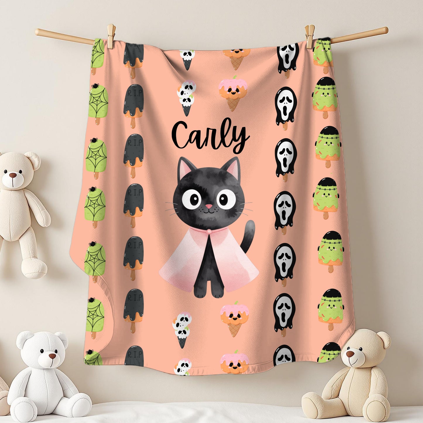 Adorable Personalized Cat Plush Blanket for Kids, Cozy Halloween Blanket, Cute Gift for Cat Lovers, Child's Room Decor, Fleece Throw