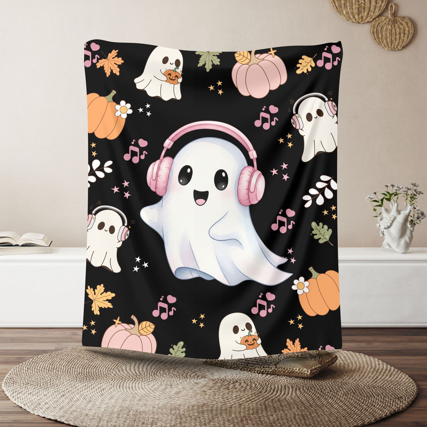 Cozy Halloween Ghost Blanket, Velveteen Plush Throw, Cute Fall Decor, Snuggle Blanket for Kids and Adults, Spooky Season Gift