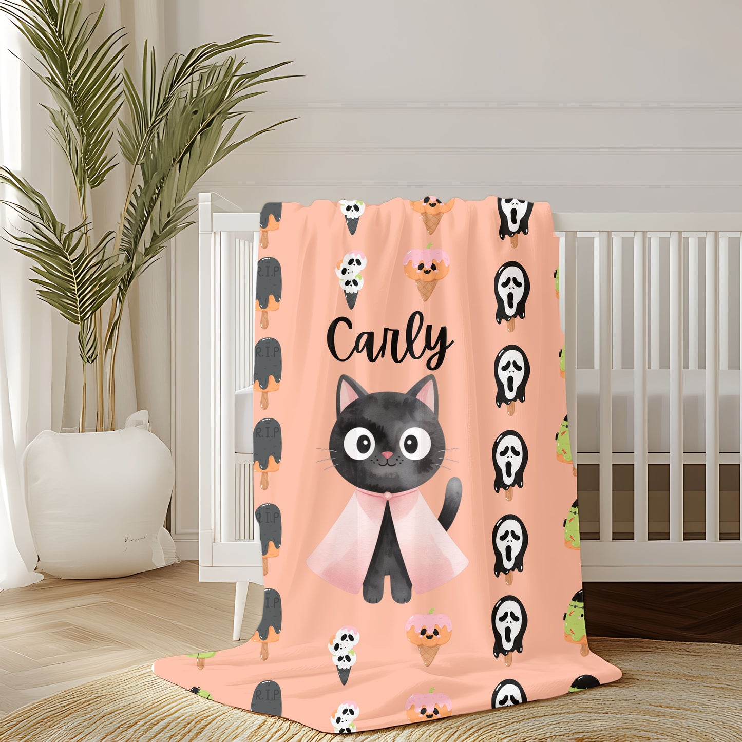 Adorable Personalized Cat Plush Blanket for Kids, Cozy Halloween Blanket, Cute Gift for Cat Lovers, Child's Room Decor, Fleece Throw