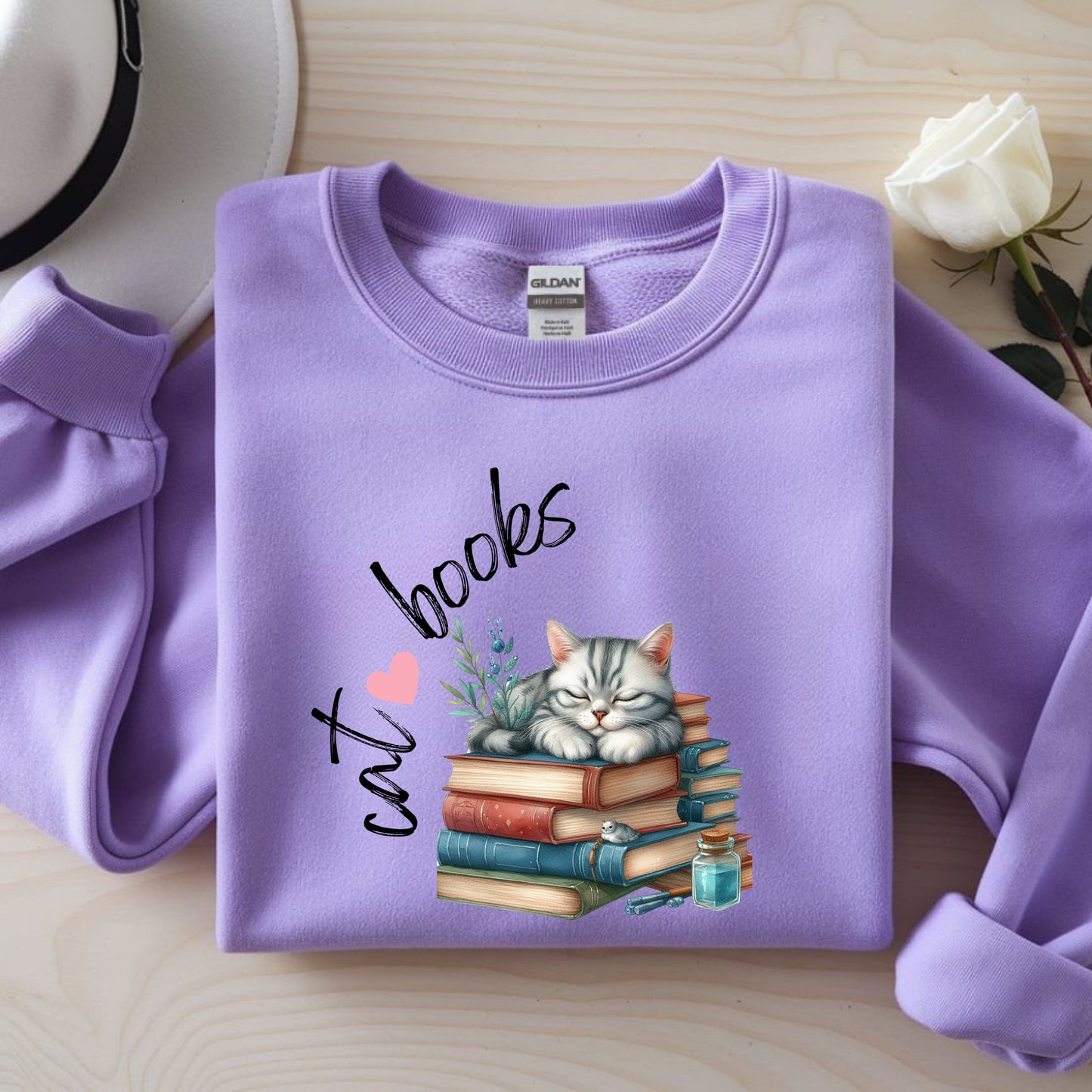 Cozy Cat Lover Crewneck Sweatshirt - Great for Book Lovers, Cat Enthusiasts, Gifts, Casual Wear, Cozy Nights