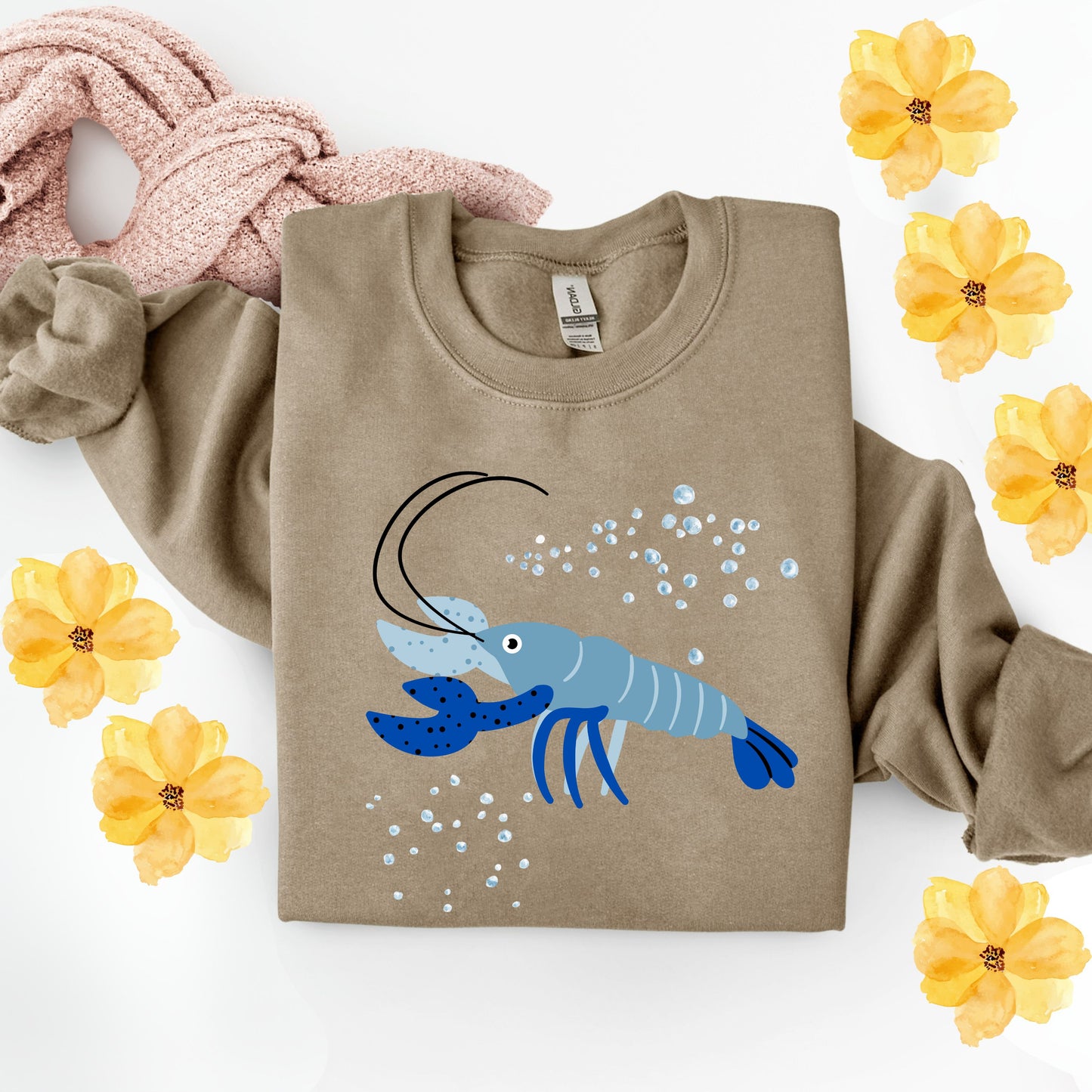 Blue shrimp with dark blue claws and bubbles Unisex Garment-Dyed Sweatshirt