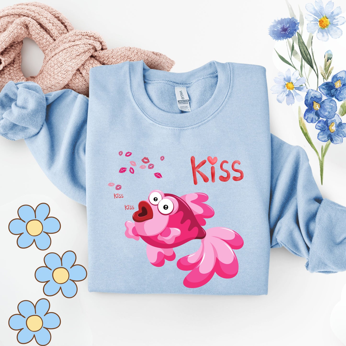Pink fish with open mouth and kiss Unisex Garment-Dyed Sweatshirt