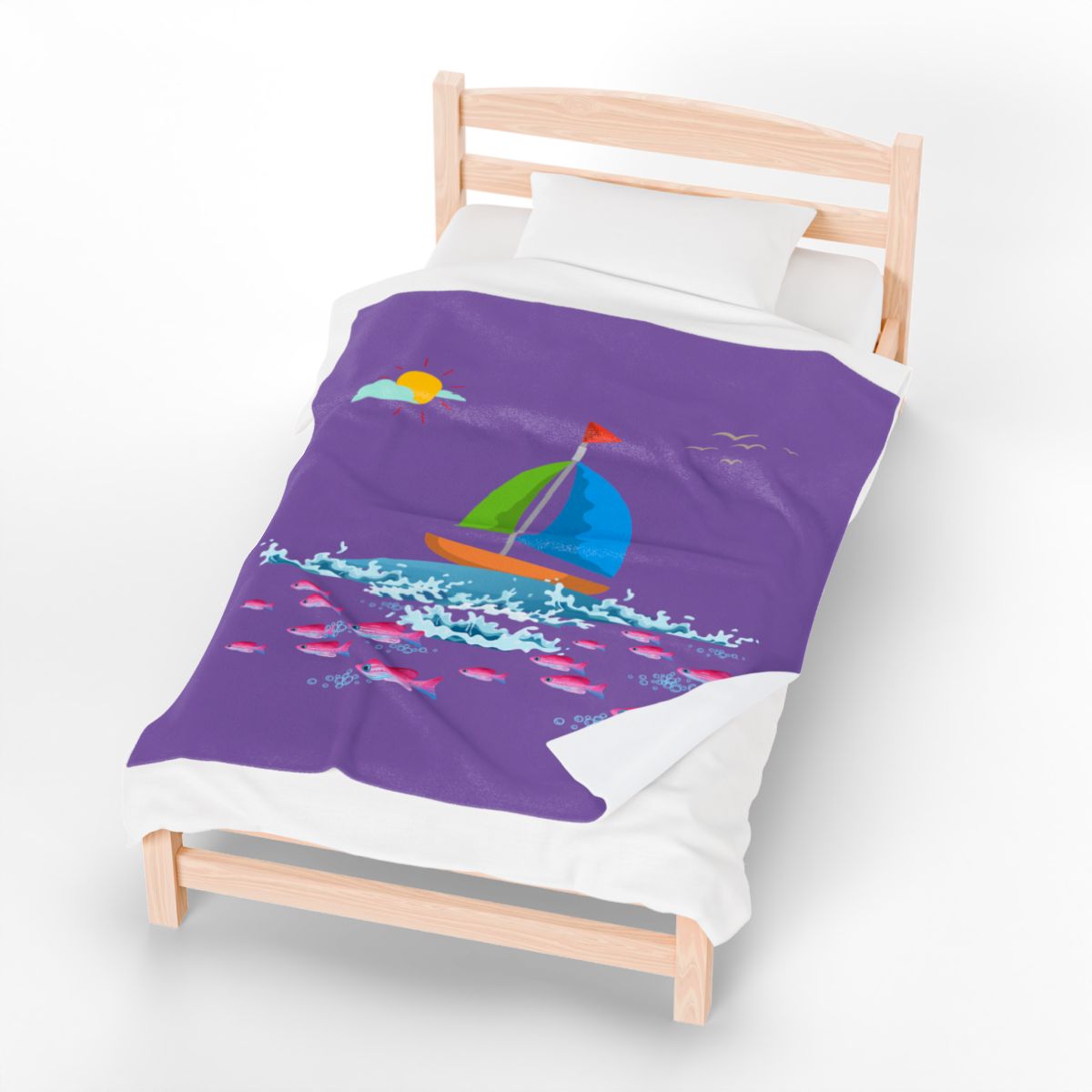 Sailboat and Red fish Velveteen Plush Blanket