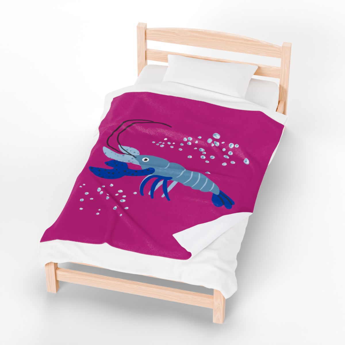 Blue shrimp with dark blue claws and bubbles Velveteen Plush Blanket