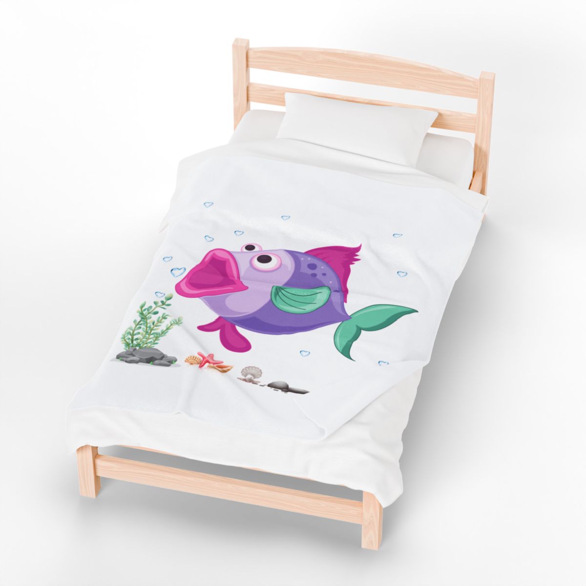 Fish with open mouth bubbles and underwater flora Velveteen Plush Blanket