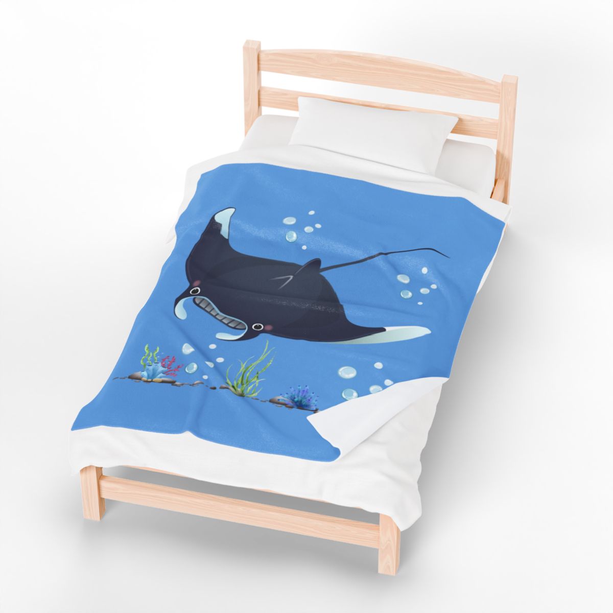 Manta ray with bubbles and coral reef Velveteen Plush Blanket