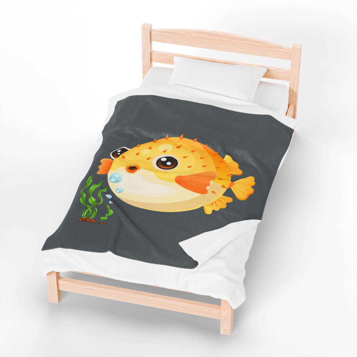 Cartoon Pufferfish with seaweed Velveteen Plush Blanket