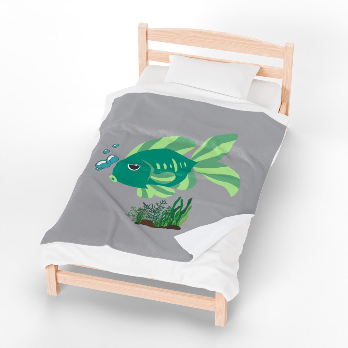 Green fish with bubbles and aquatic plants Velveteen Plush Blanket