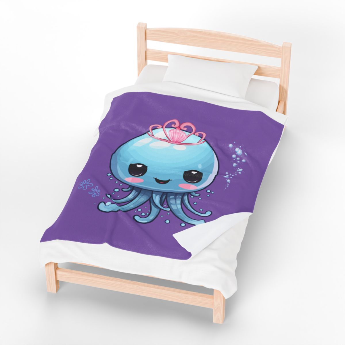 Blue jellyfish with a pink tiara Velveteen Plush Blanket