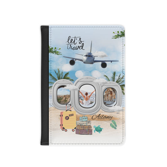 Passport Cover - 'Let’s Travel' Airplane Window Design with Suitcase & Personalized Name