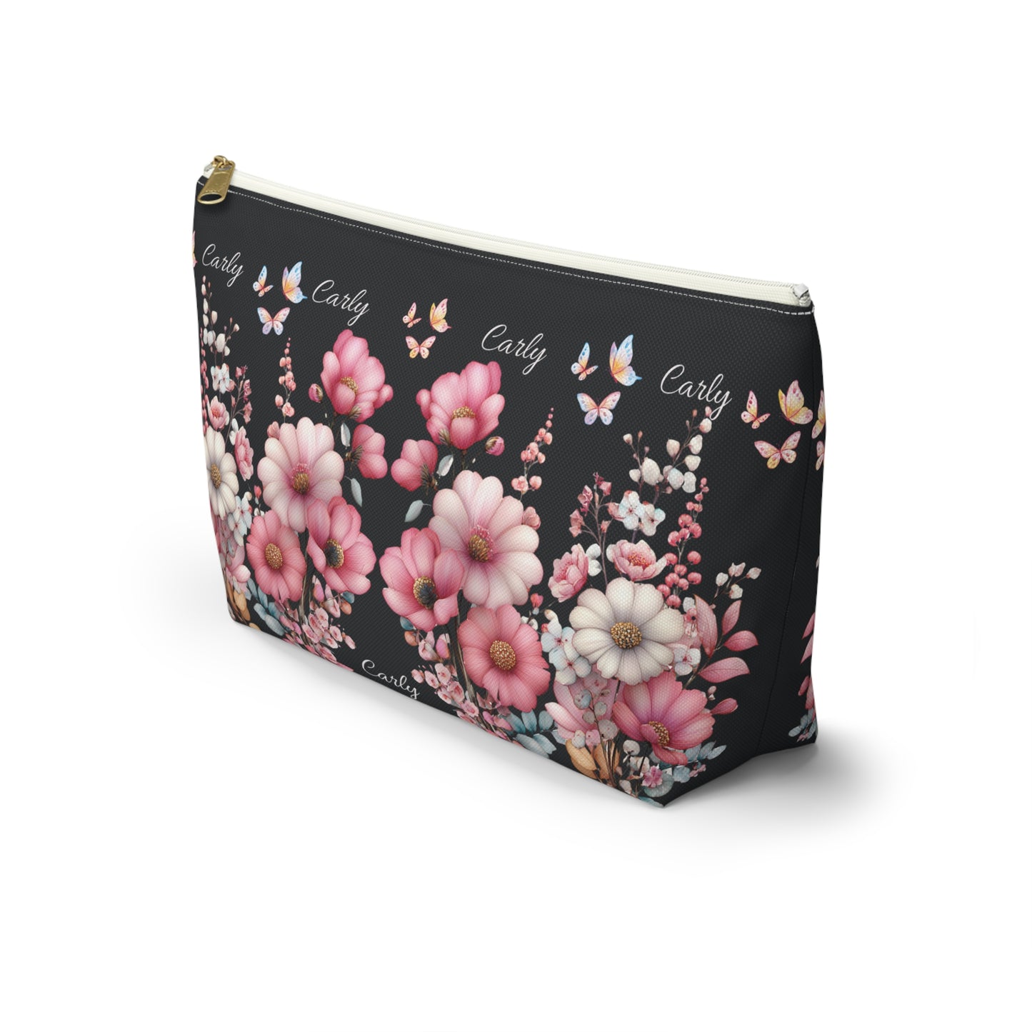 Floral Cosmetic Pouch with Pink Blooms — Personalized 'Carly' Accessory Bag