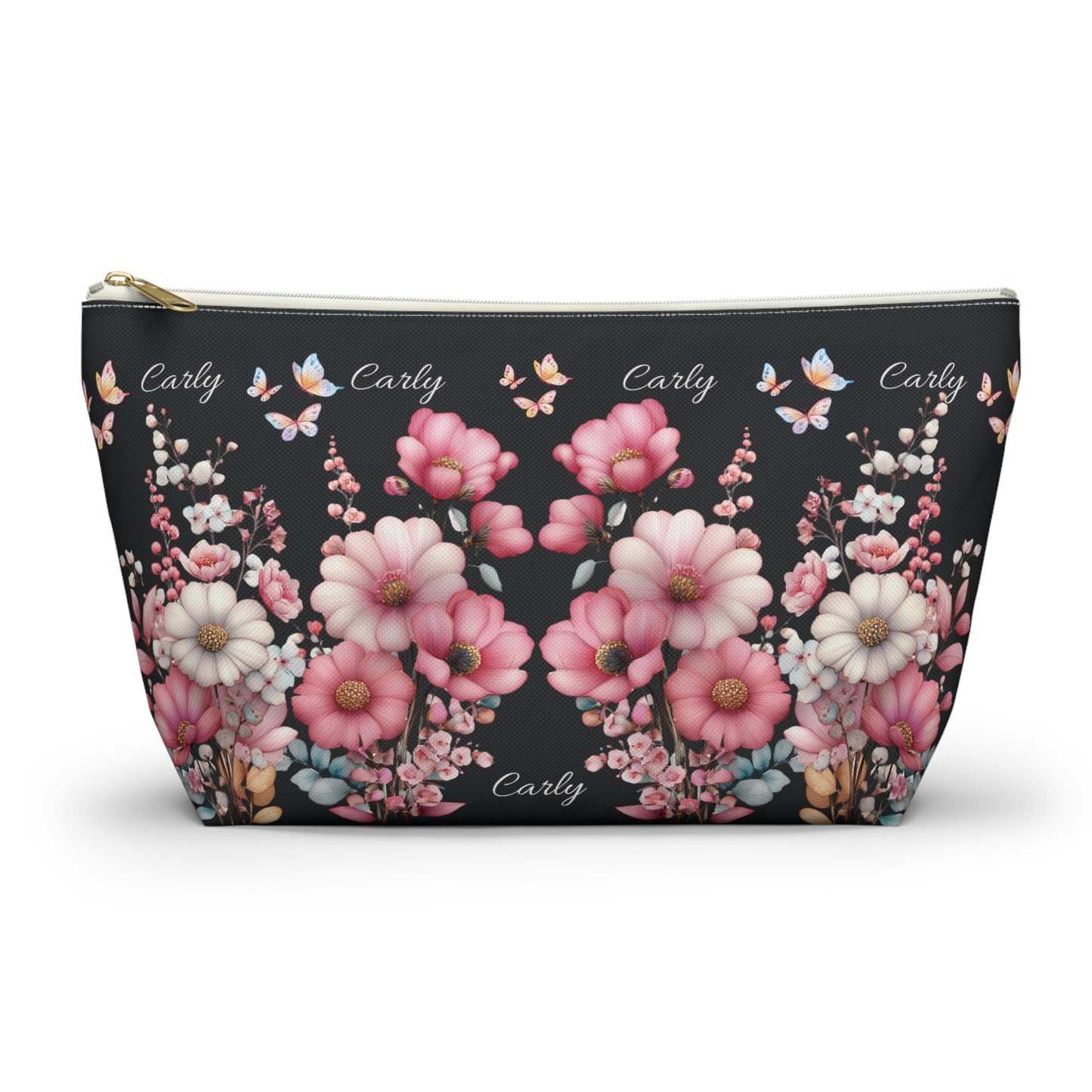 Floral Cosmetic Pouch with Pink Blooms — Personalized 'Carly' Accessory Bag