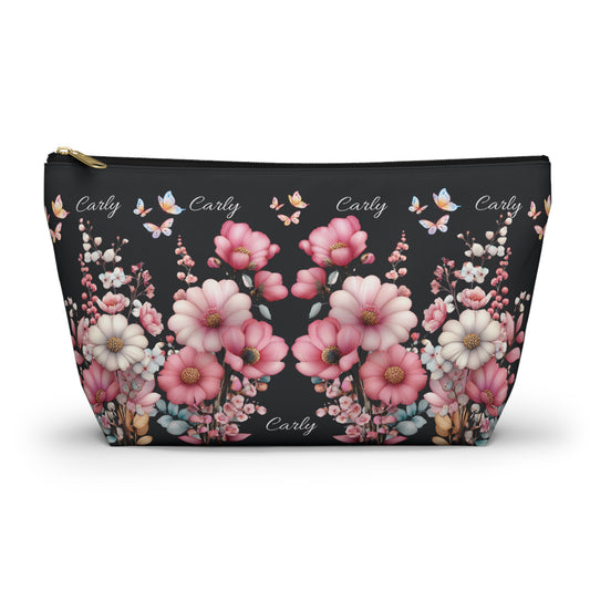 Floral Cosmetic Pouch with Pink Blooms — Personalized 'Carly' Accessory Bag