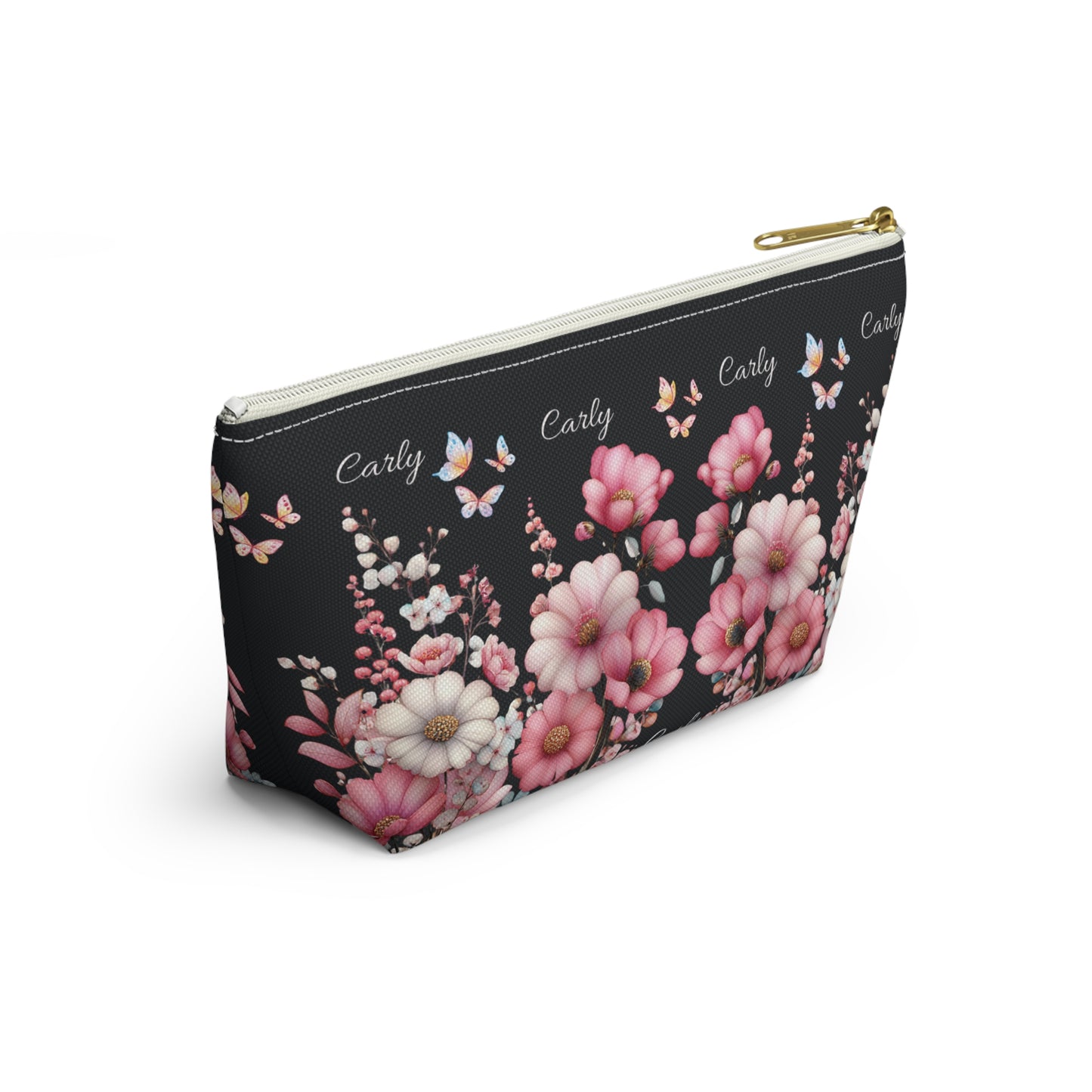Floral Cosmetic Pouch with Pink Blooms — Personalized 'Carly' Accessory Bag
