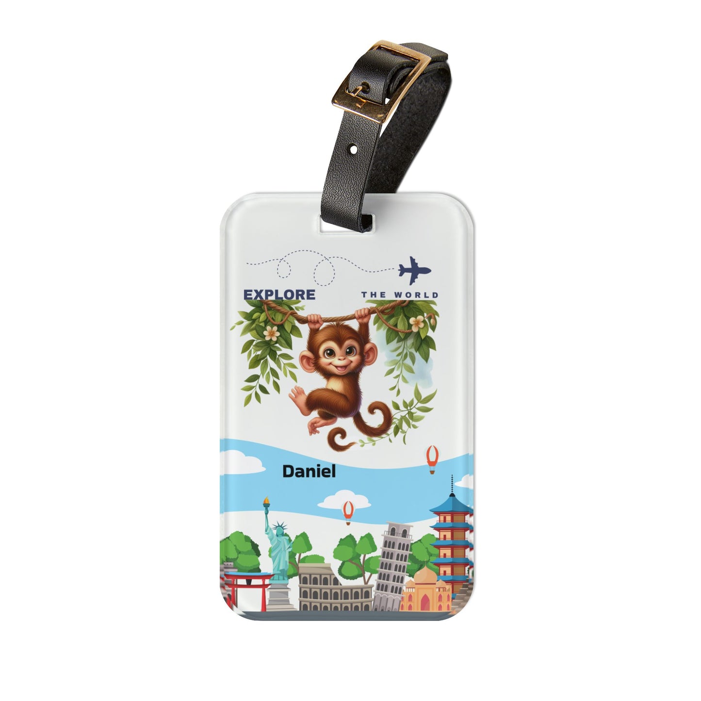 Monkey Travel Luggage Tag — "Explore the World" Personalized Kids Bag ID