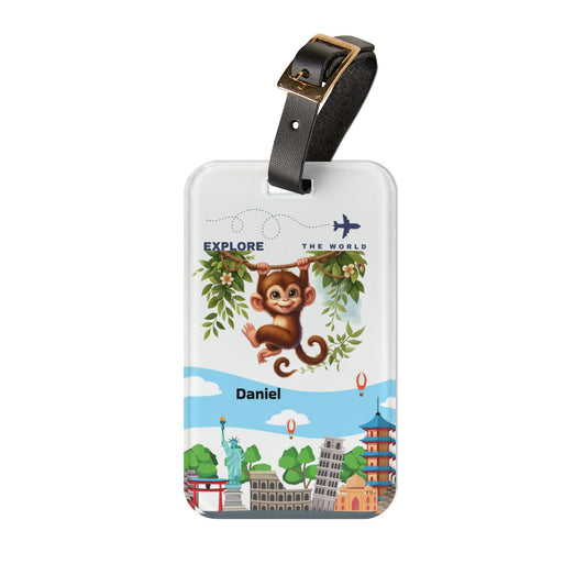 Monkey Travel Luggage Tag — "Explore the World" Personalized Kids Bag ID