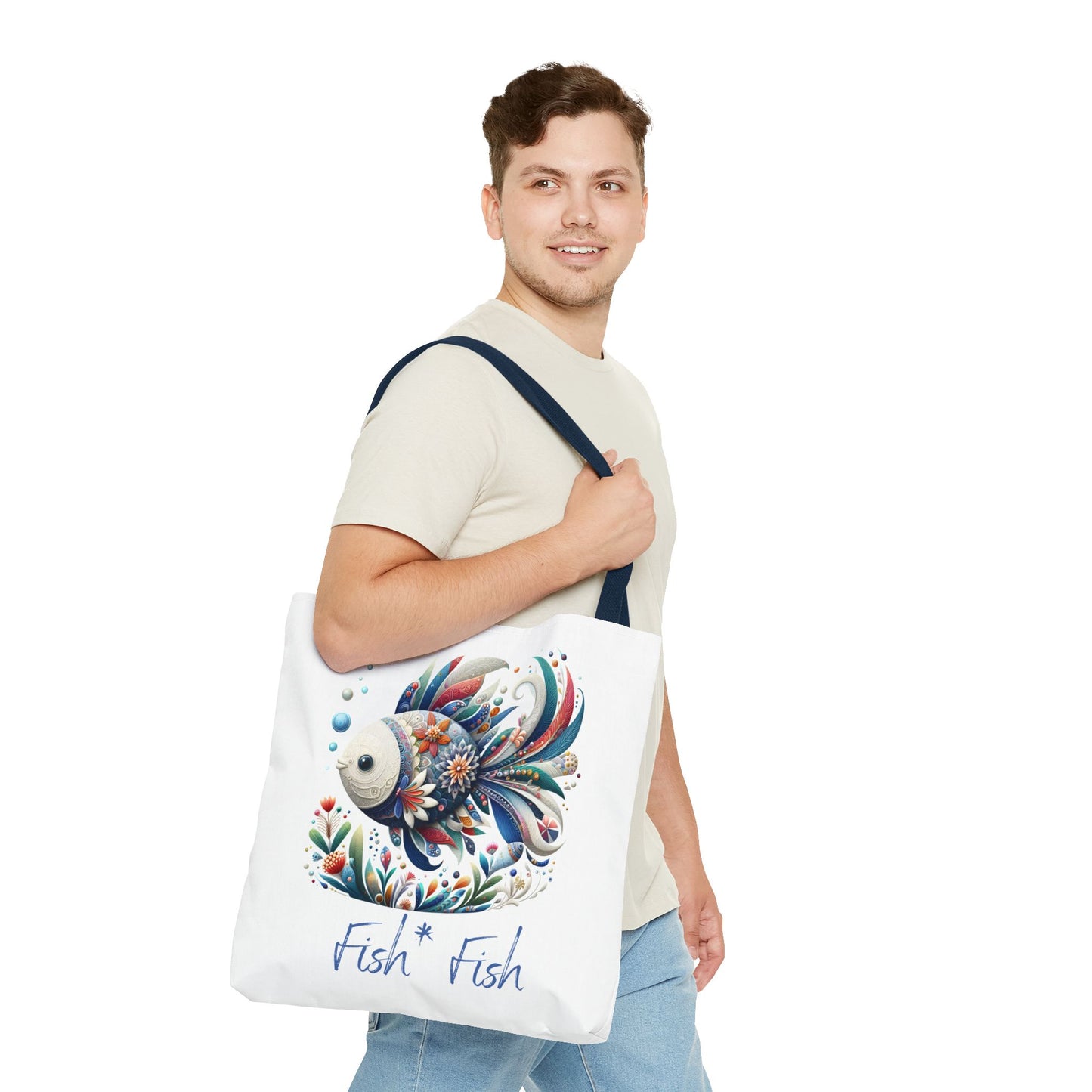 Floral Fish Tote Bag — Colorful Whimsical "Fish Fish" Canvas Tote