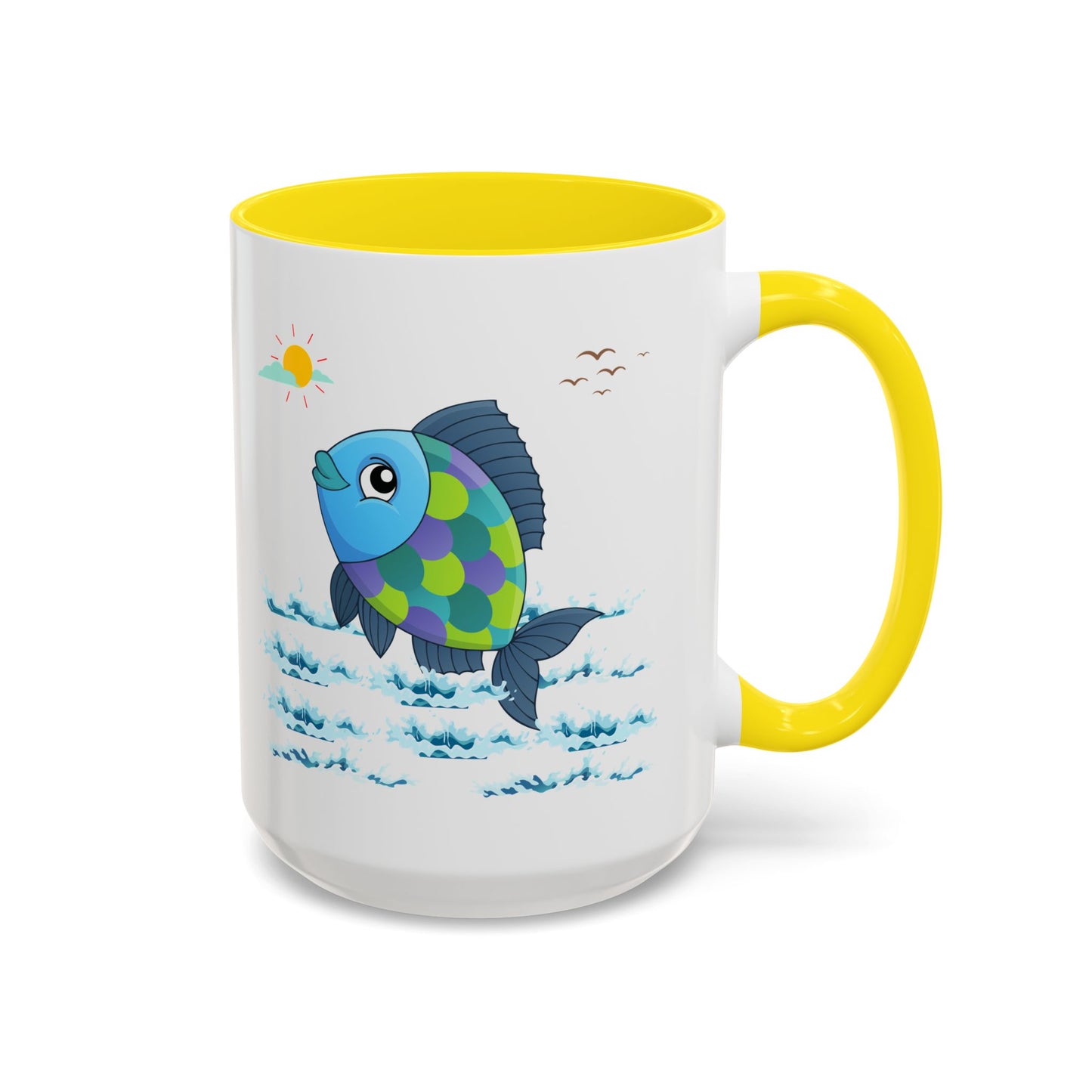 Fish with a sun and birds in the sky above water Coffee Mug