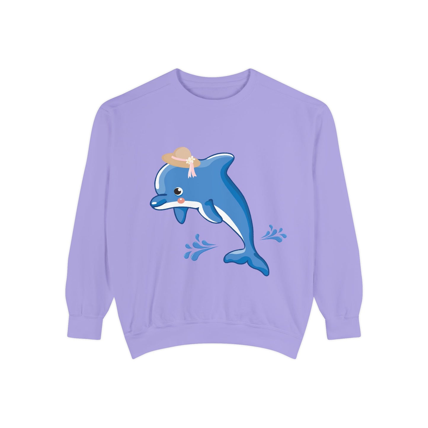 Dolphin wearing a straw hat with stylized water splashes Unisex Garment-Dyed Sweatshirt