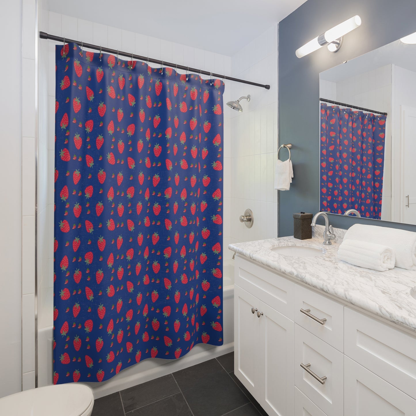 Strawberry Pattern Shower Curtain — Navy Blue Fruit Print Bathroom Decor
