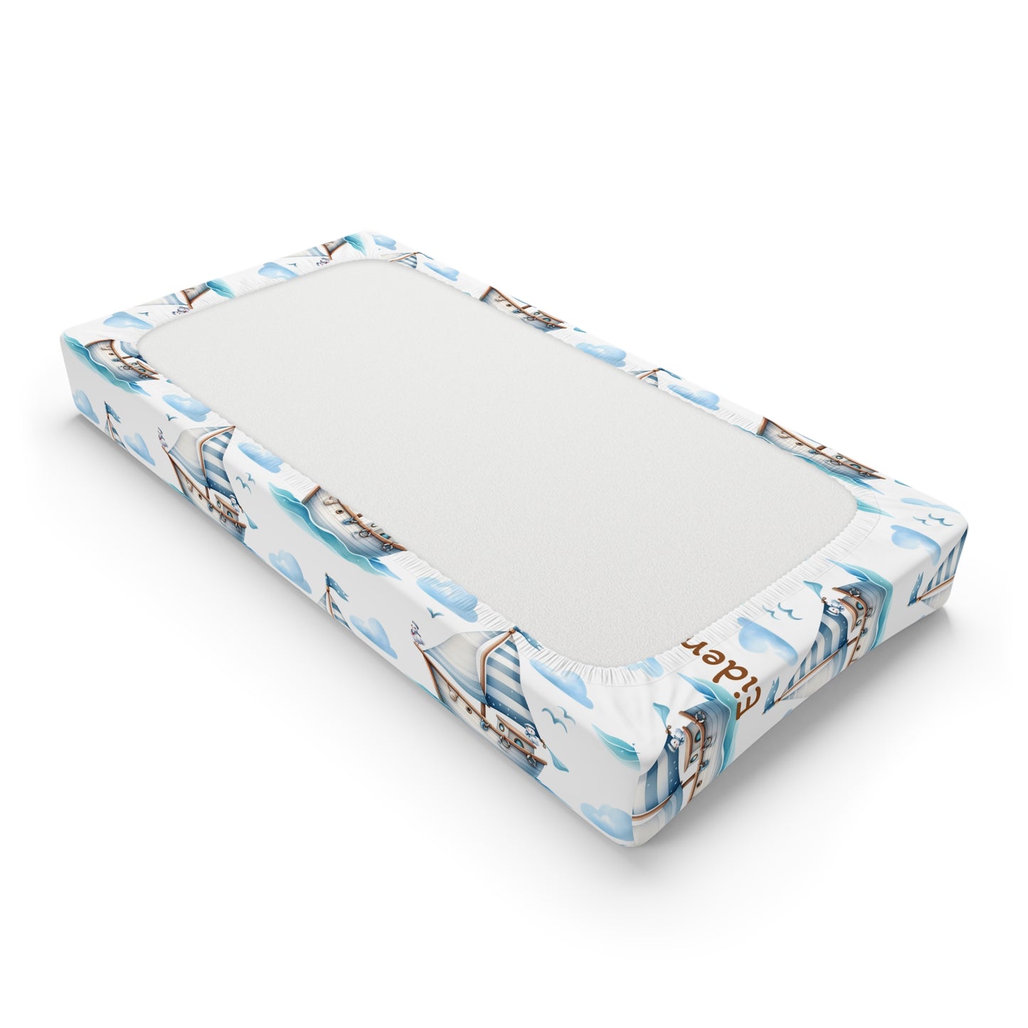Nautical Baby Changing Pad Cover – Personalized Sailboat & Seagull Design (Custom Name)
