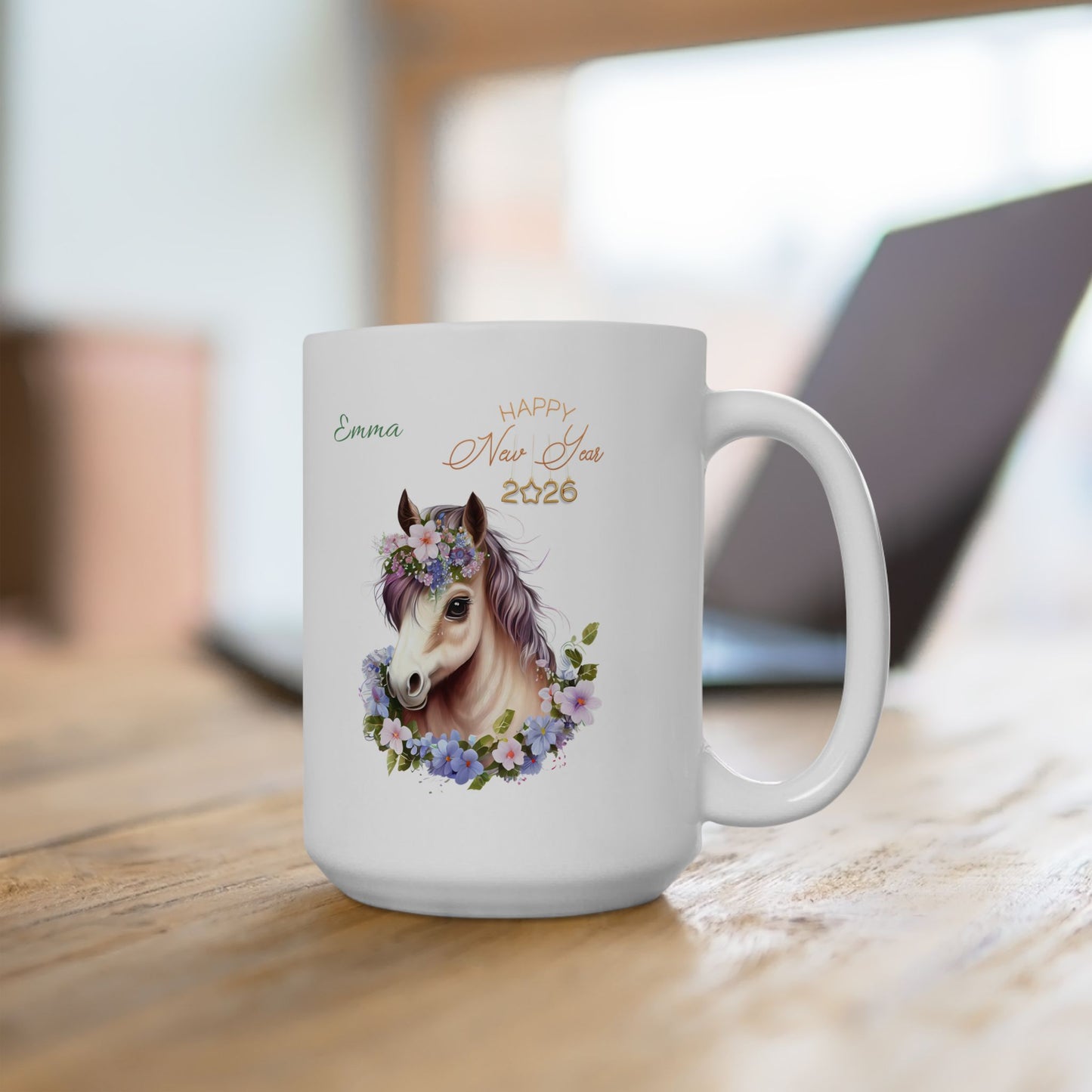Floral Horse Ceramic Mug – Personalized "Emma" Coffee Cup (11oz & 15oz)