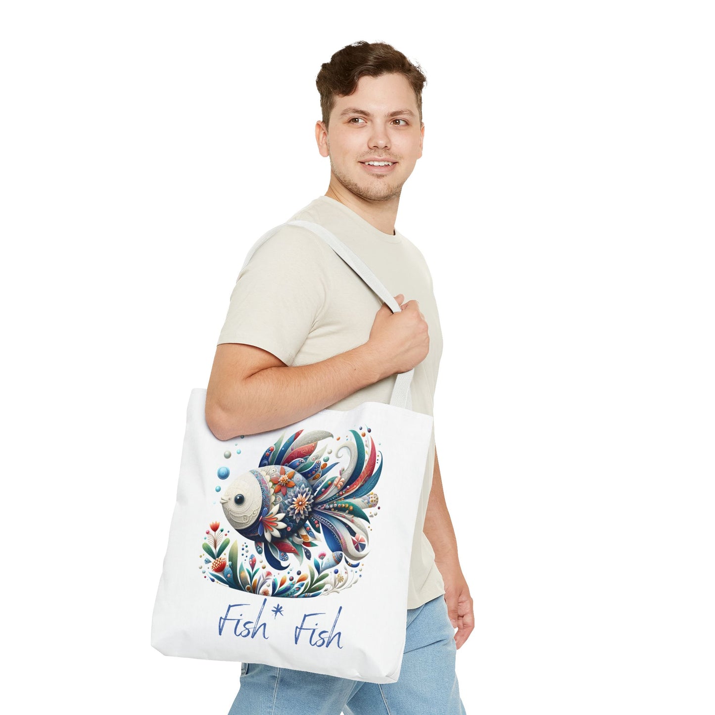 Floral Fish Tote Bag — Colorful Whimsical "Fish Fish" Canvas Tote