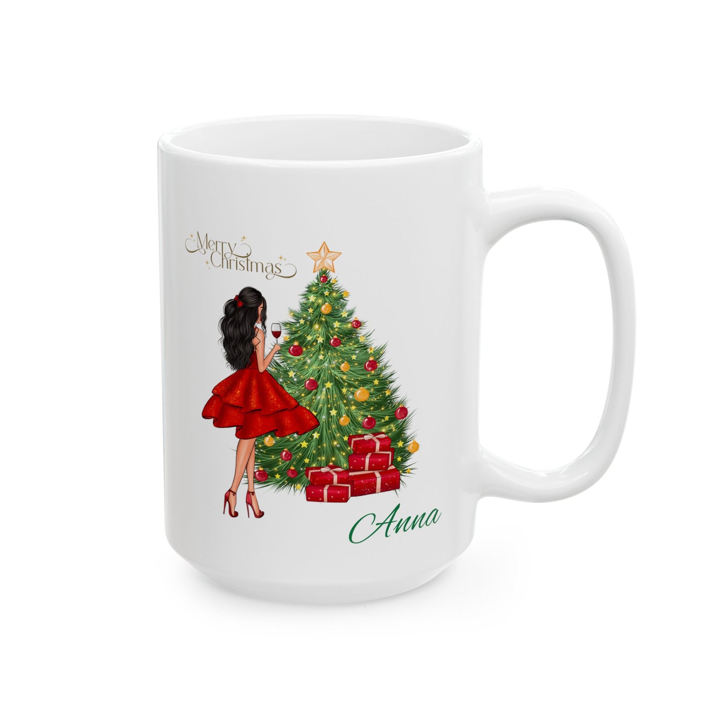 Personalized Christmas Mug – Festive Tree & Girl Illustration (11oz/15oz)