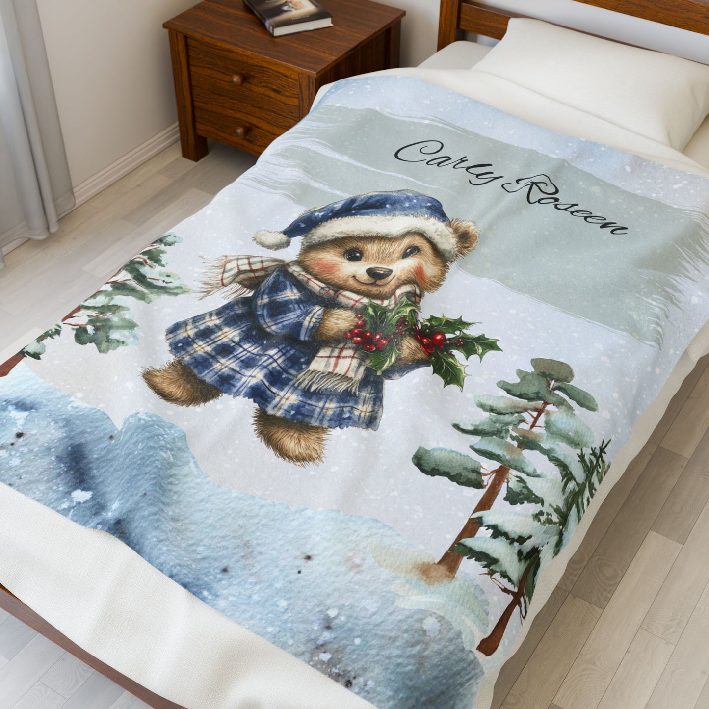 Personalized Velveteen Plush Blanket with Winter Bear Design, Cozy Holiday Gift, Soft Throw for Kids, Christmas Decor, Custom Name Blanket