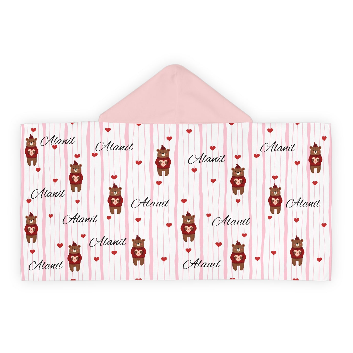 Personalized Kids Hooded Towel — Cute Bear & Hearts Design (Custom Name)
