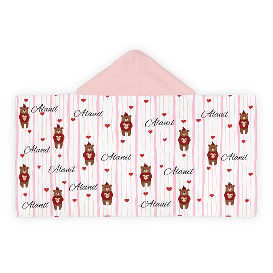 Personalized Kids Hooded Towel — Cute Bear & Hearts Design (Custom Name)