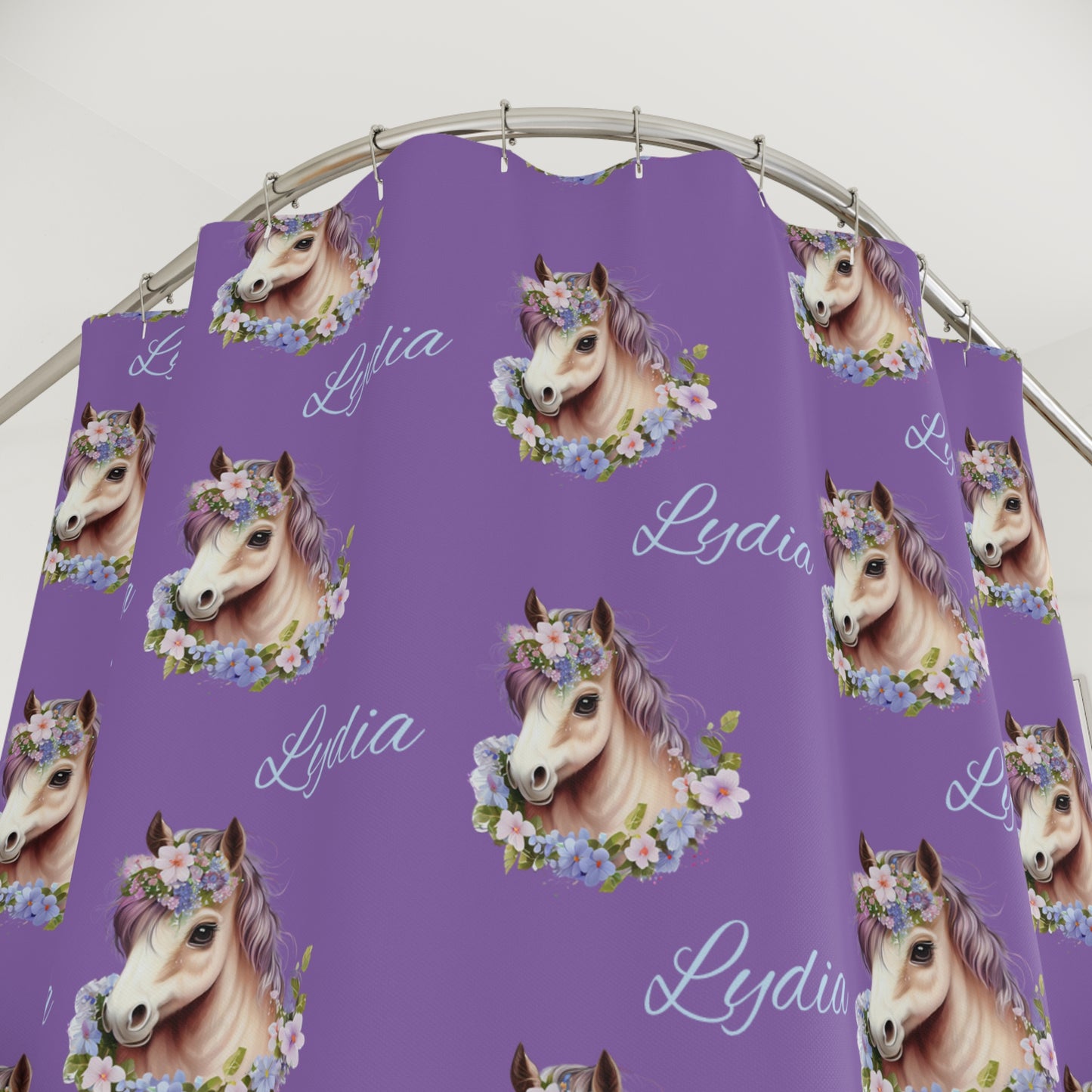 Personalized Purple Unicorn Shower Curtain — Custom Name "Lydia" Floral Horse Bath Decor