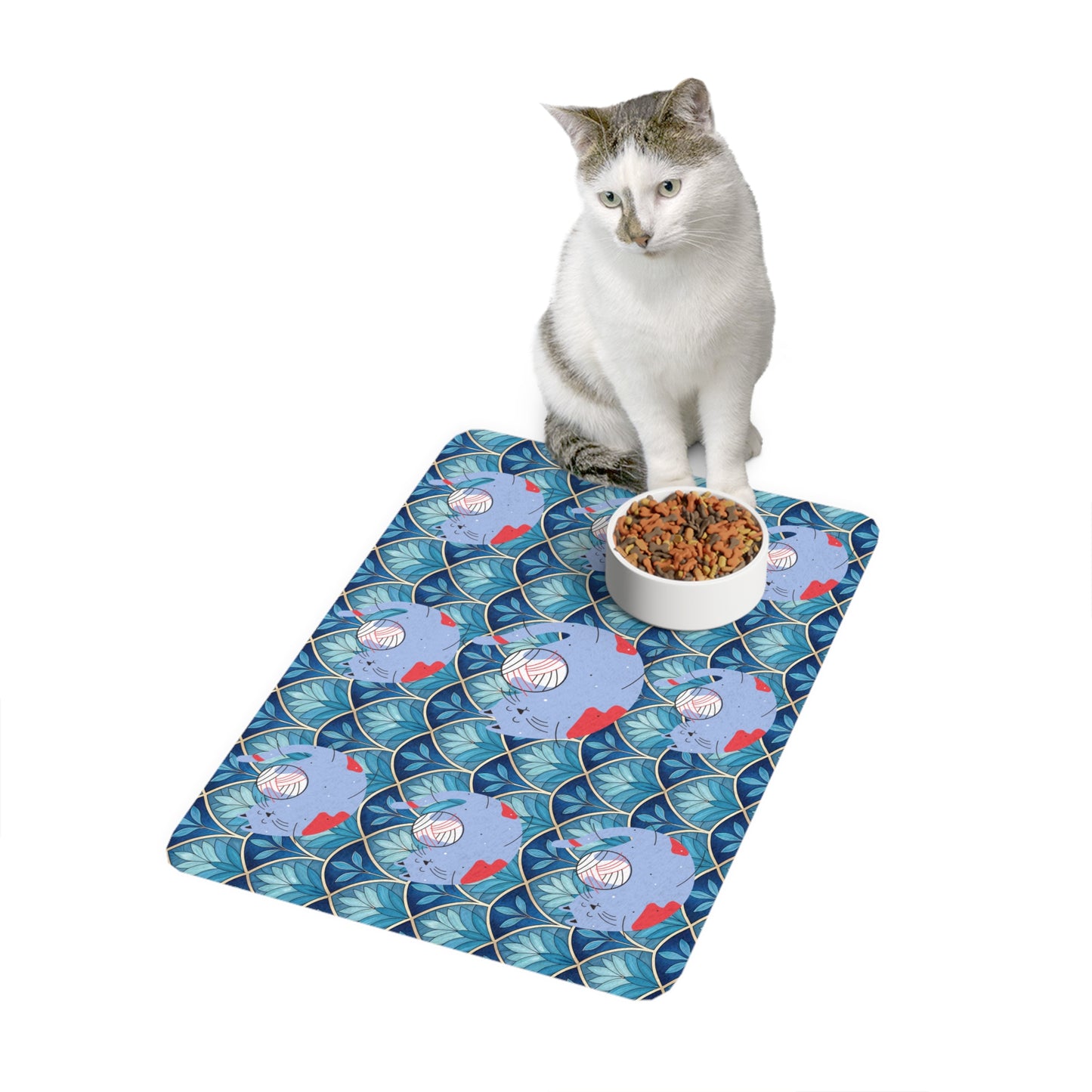 Cat Food Mat — Blue Retro Fish Pattern Pet Feeding Placemat (12x18)