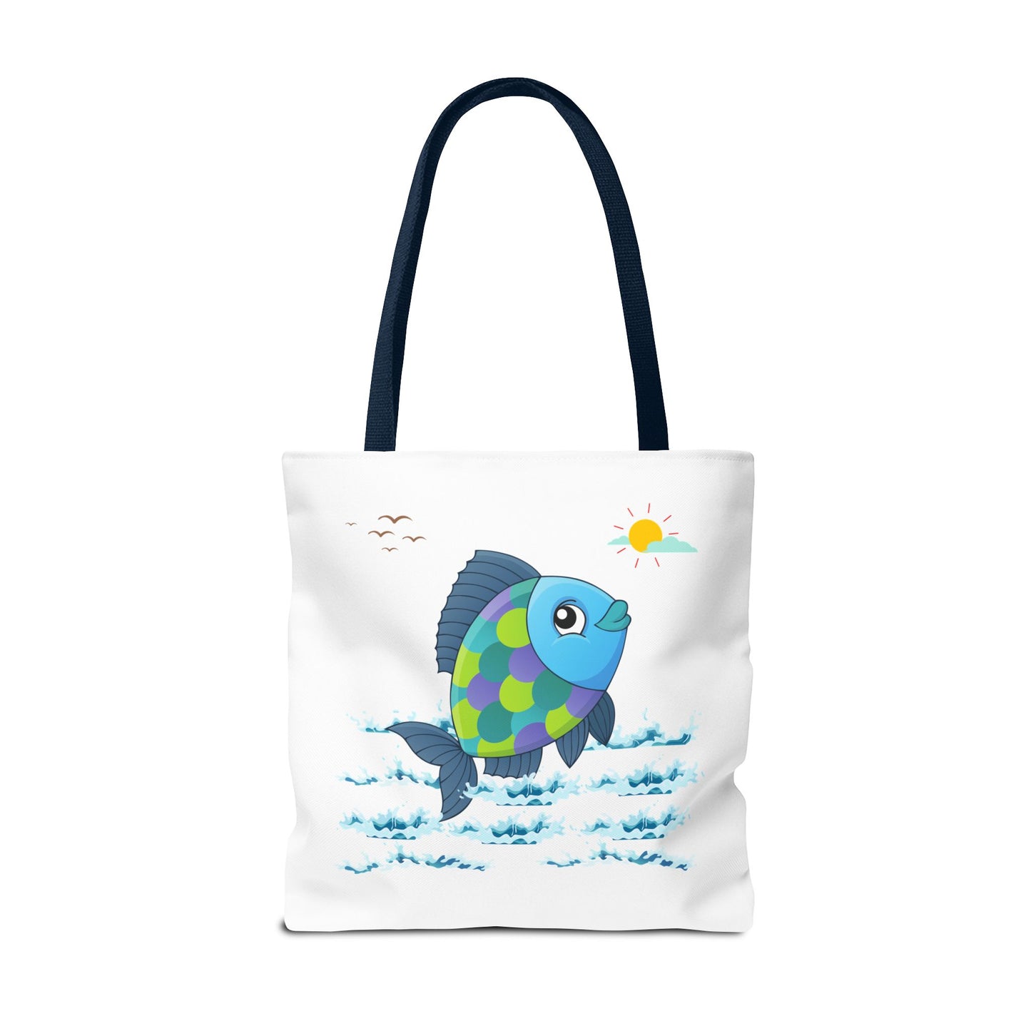 Fish with a sun and birds in the sky above water Tote Bag