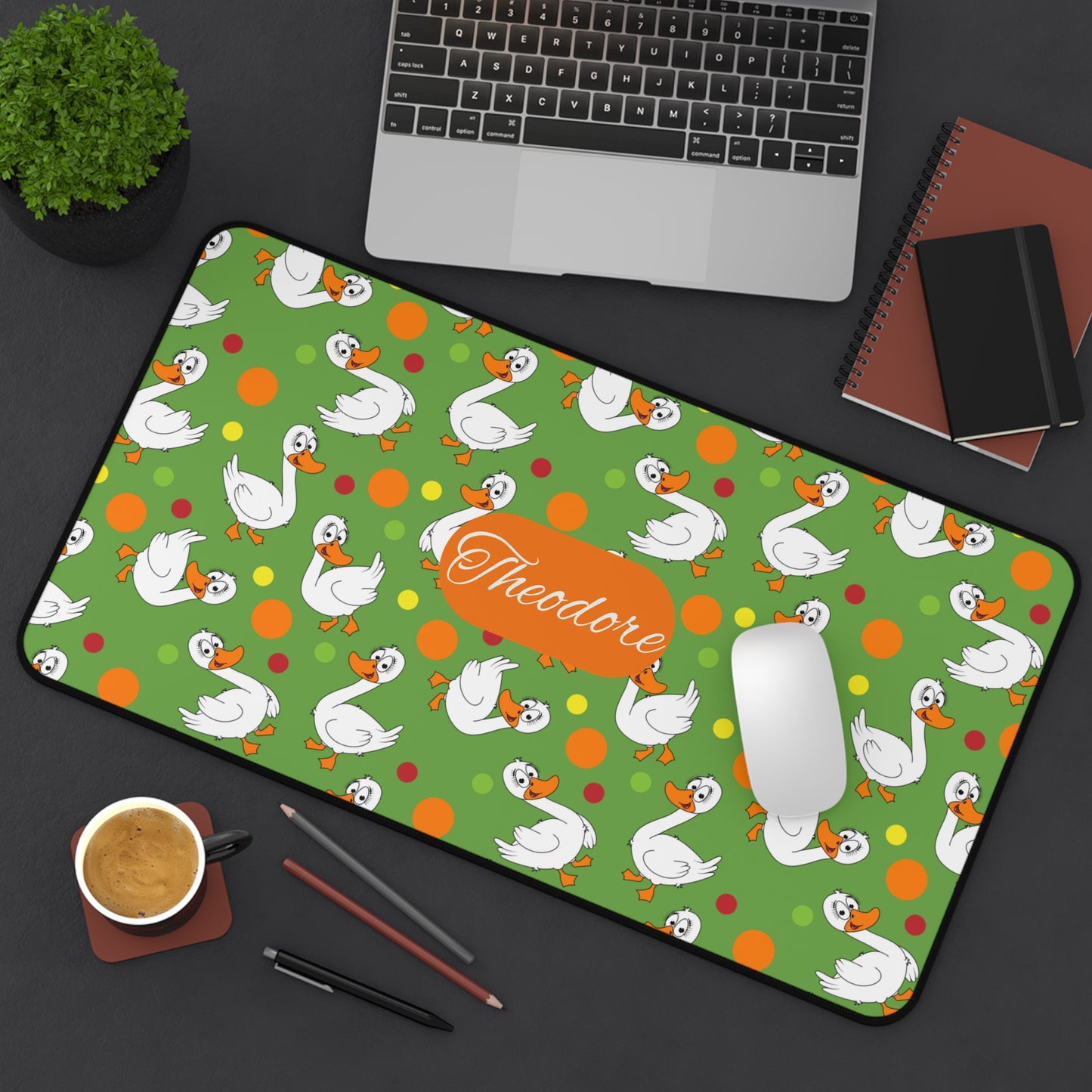 Swans & Dots Personalized Desk Mat — Custom Name Green Mouse Pad