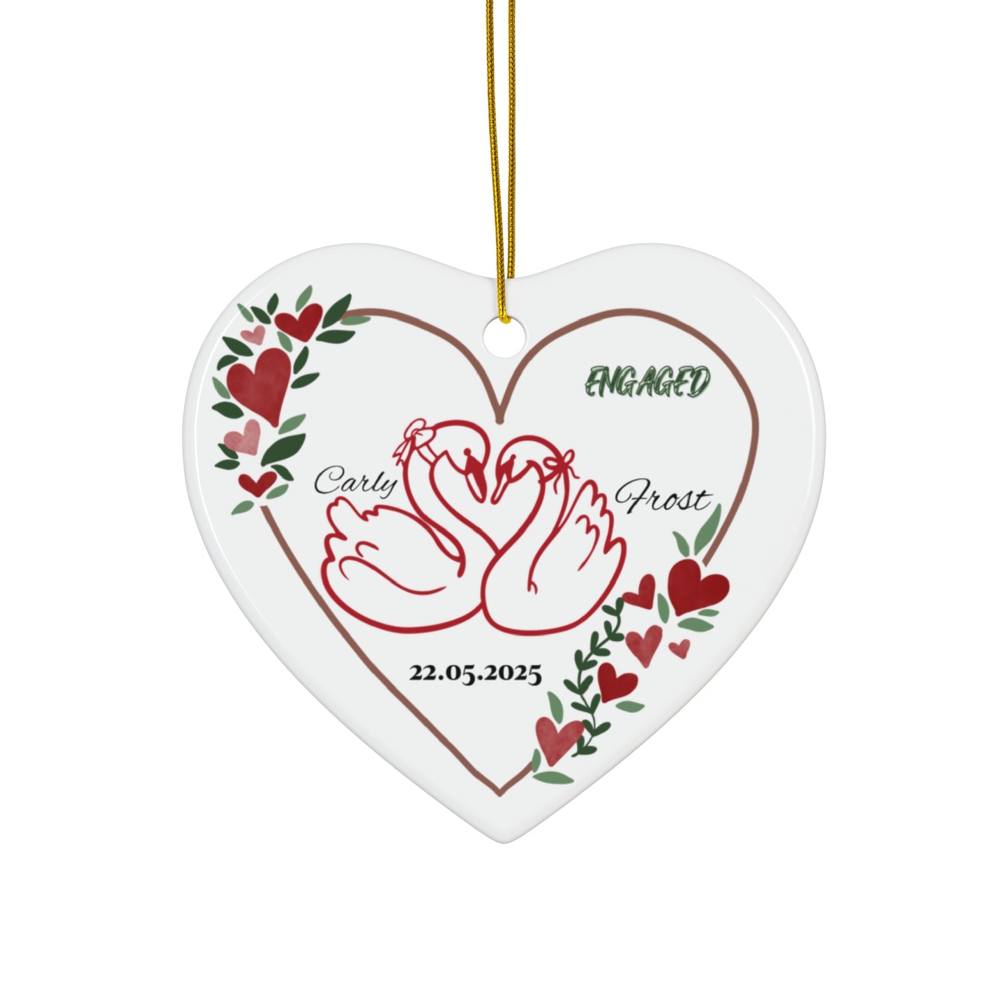 Engagement Themed Ceramic Ornament, Heart Decoration, Customized Gift, Wedding Keepsake, Holiday Decor, Personalized Ornament