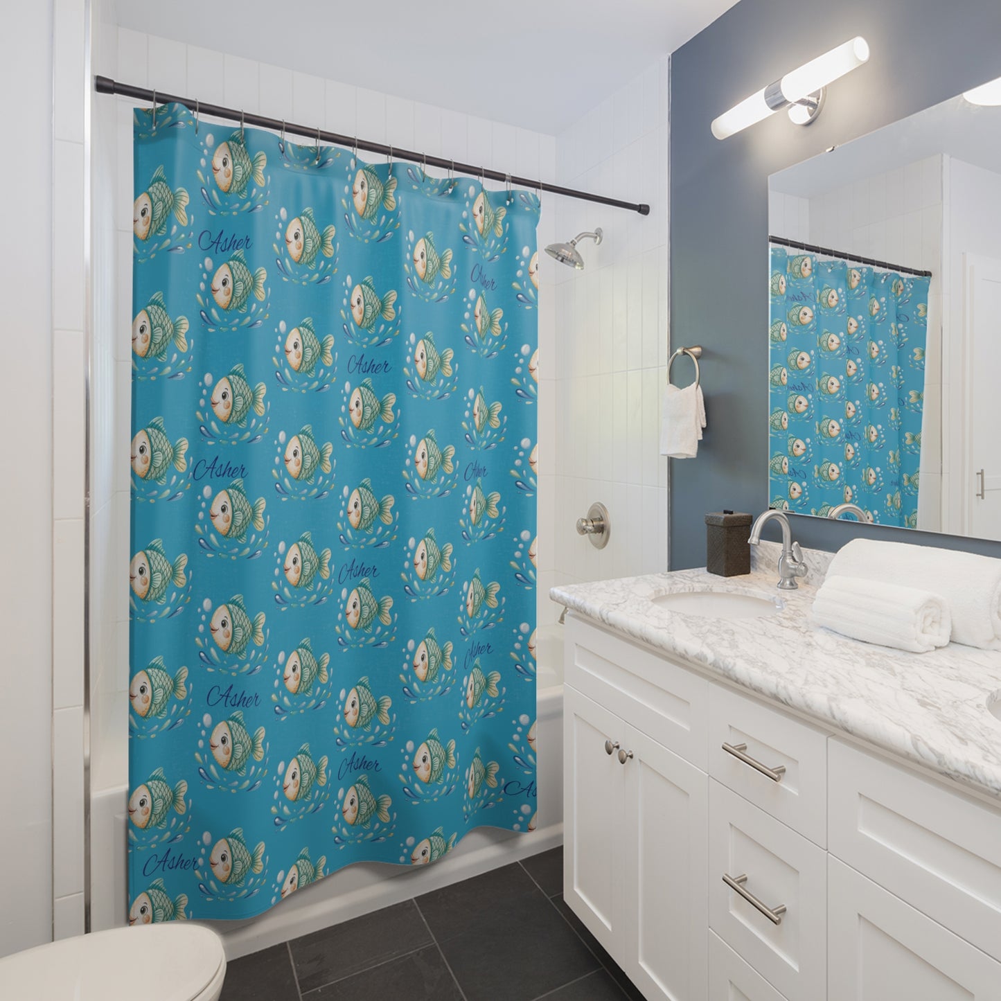Fish Pattern Shower Curtain — Personalized "Asher" Blue Kids Bathroom Decor