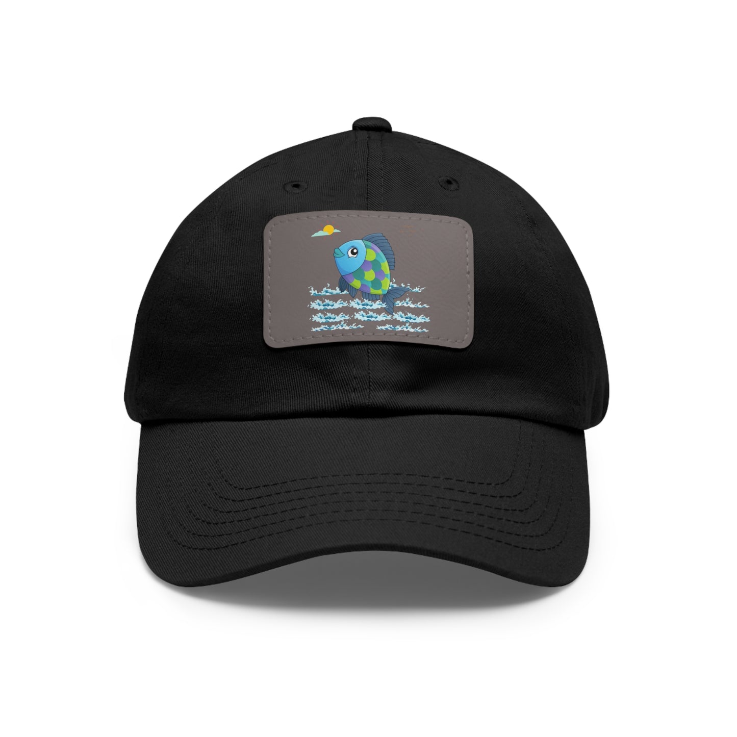 Fish with a sun and birds in the sky above water Dad Hat with Leather Patch (Rectangle)