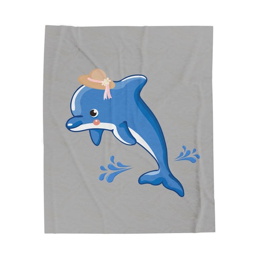 Dolphin wearing a straw hat with stylized water splashes Velveteen Plush Blanket