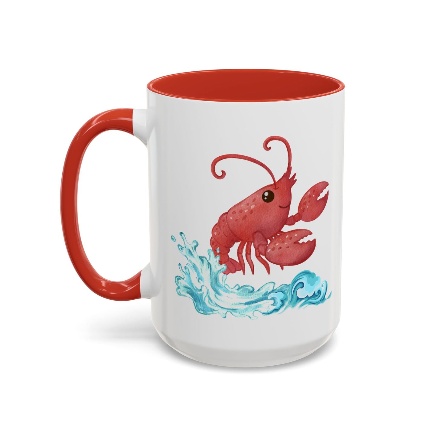 Cheerful red lobster emerging from stylized blue waves Coffee Mug