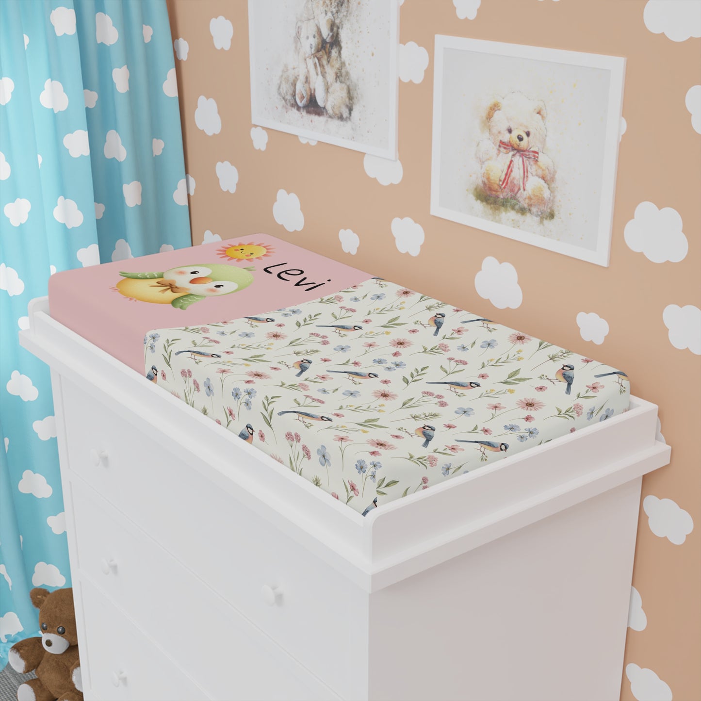 Personalized Floral Bird Baby Changing Pad Cover — Cute Duckling Name Option