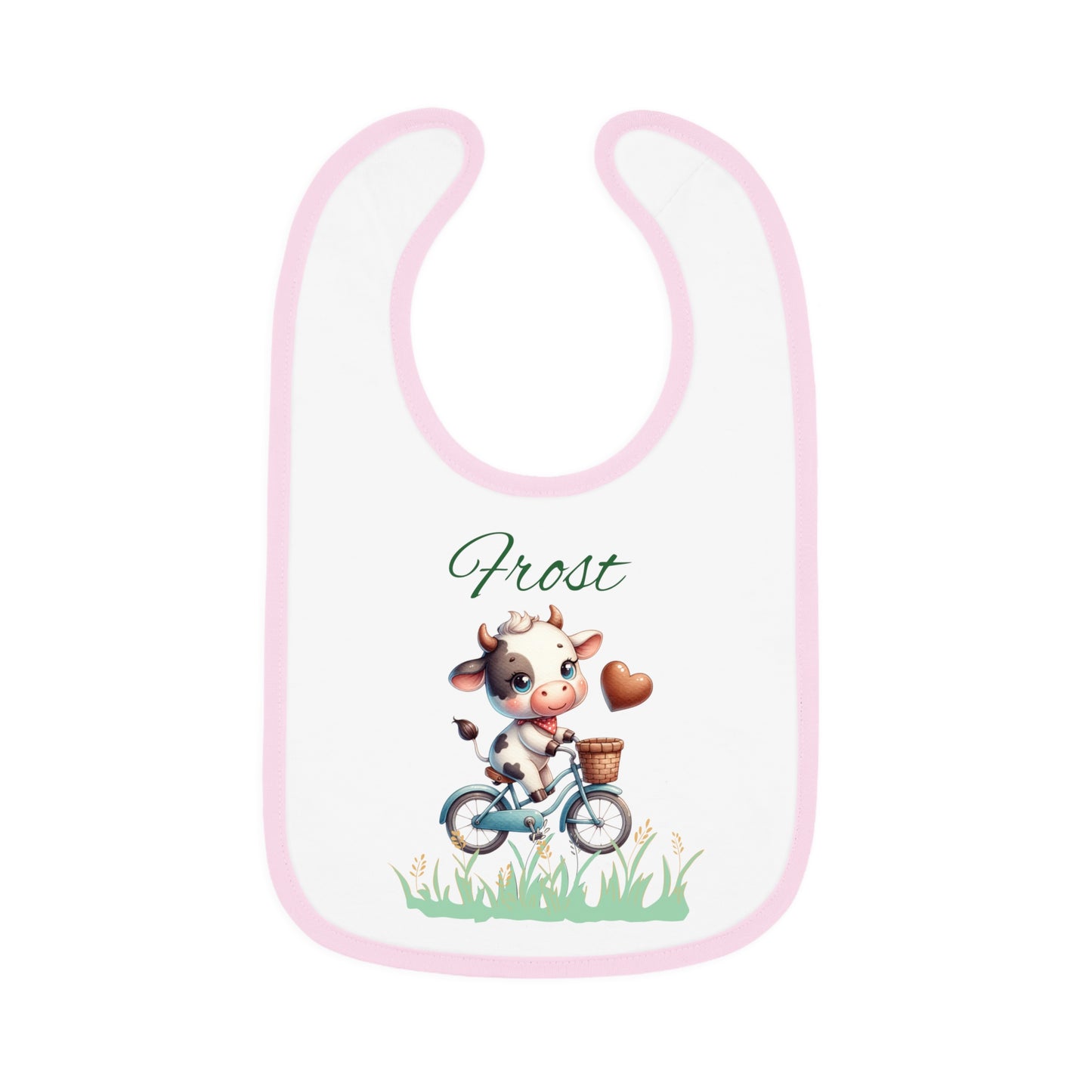 Personalized Baby Bib — Cute Cow on Bike Design with Name 'Frost'